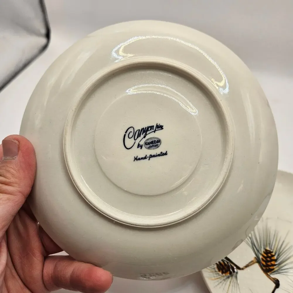 KANEDAI JAPAN CANYON PINE HAND PAINTED PINECONE SAUCER PLATES SET OF 2